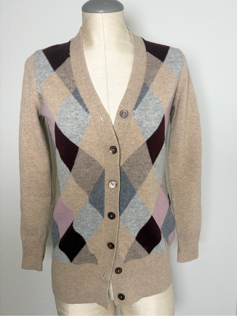 Brooks Brothers Argyle Button-Front 100% Lambswool Cardigan Sweater Tan XS - Picture 3 of 9